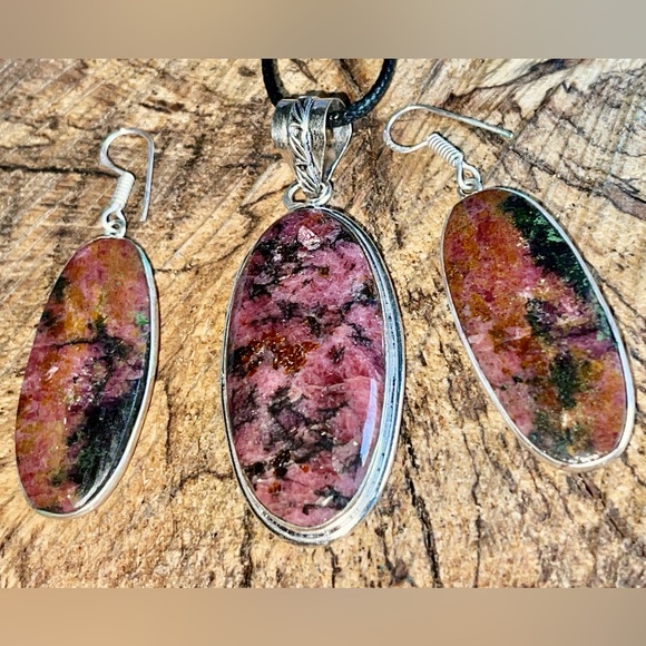 Inca Rose Rhodochrosite Pendant & Earrings - Picture 1 of 6
